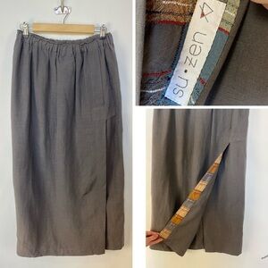 VTG Su-Zen Pull On Lagenlook Linen MIDI Skirt with Silk Plaid details Size Small
